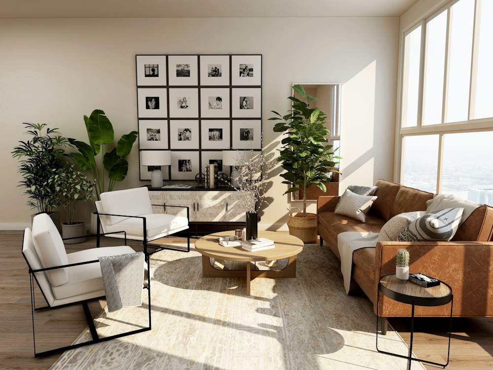 A calm living room with natural textures and considered furniture